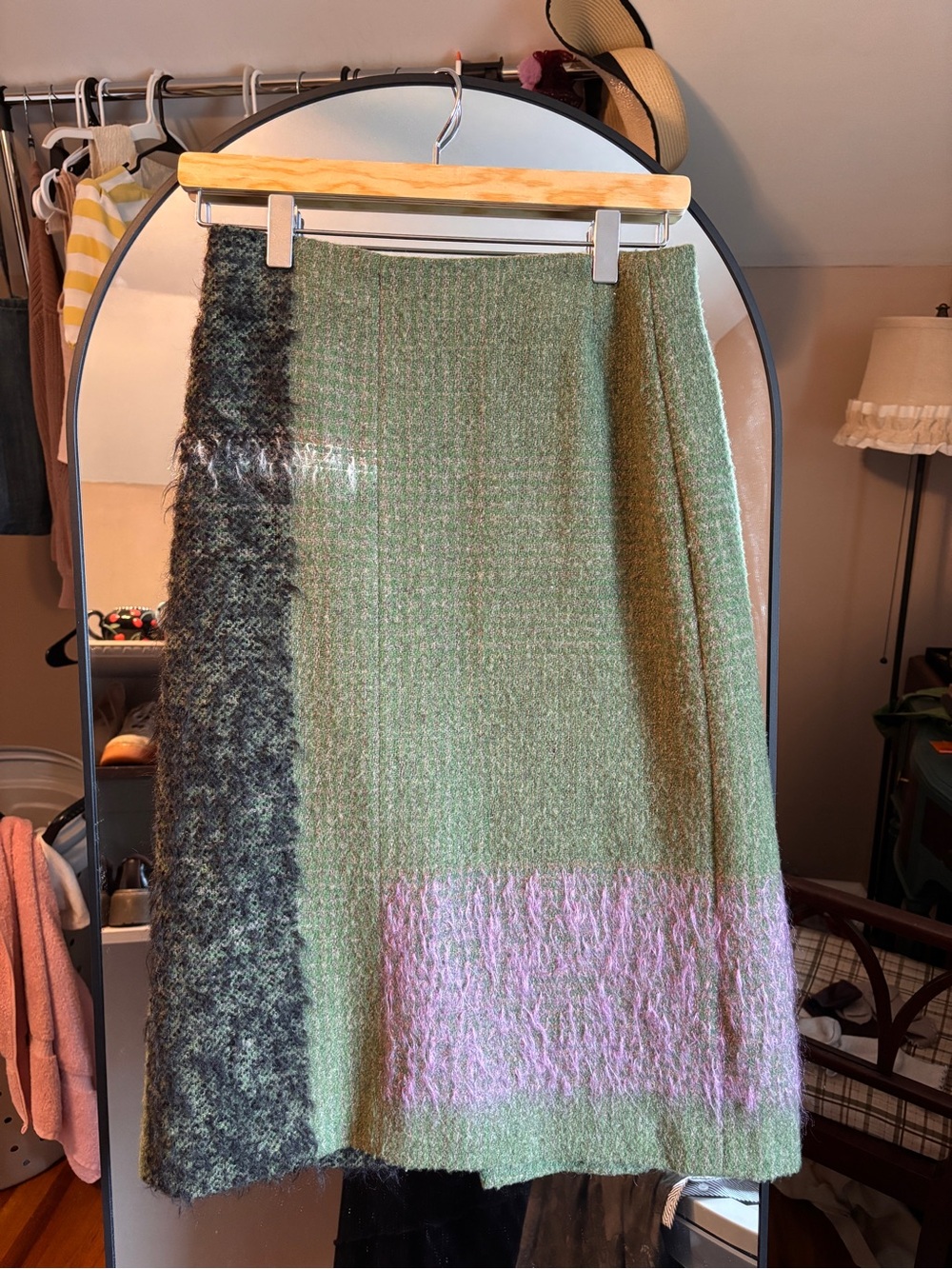 Dries Van Noten Wool-Blend Colorblock Midi Skirt in Green and Pink